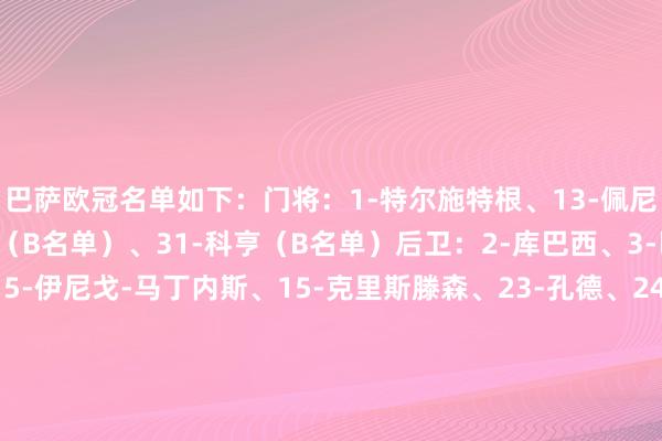 巴萨欧冠名单如下：门将：1-特尔施特根、13-佩尼亚、26-阿斯特拉拉加（B名单）、31-科亨（B名单）后卫：2-库巴西、3-巴尔德、4-阿劳霍、5-伊尼戈-马丁内斯、15-克里斯滕森、23-孔德、24-埃里克-加西亚、32-福特（B名单）、35-赫拉德-马丁、36-多明戈斯（B名单）、38-奥尔梅多（B名单）、39-昆卡（B名单）中场：6-加维、8-佩德里、14-托雷、17-卡萨多、21-德容、